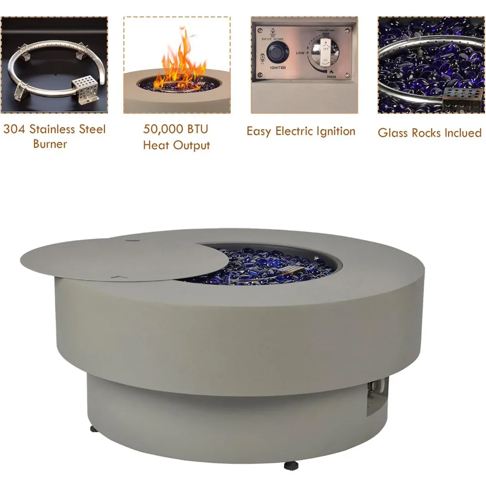 32.5-inch Outdoor Gas Fire Pit , 20lb Propane Tank Cover Table, W/Round Burner Lid, Glass Rocks,50,000BTU Propane Gas Fire Pits