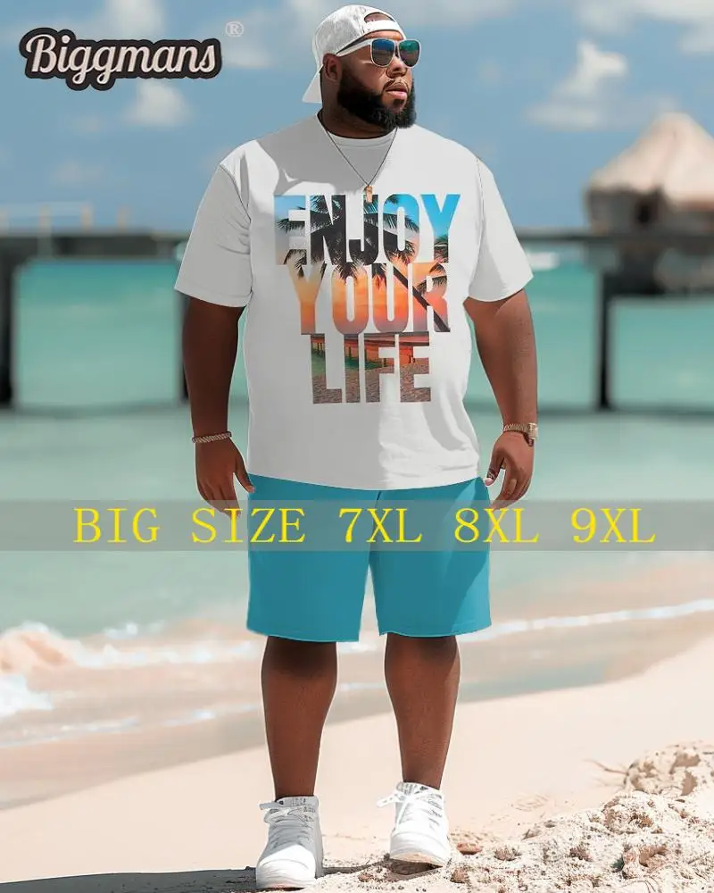 Biggmans Plus Size L-9XL Hawaiian Gradient Coconut Tree Print Shorts Men's Plus Size Suit