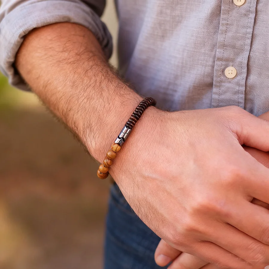 Natural Blue Sandstone Tiger Eyes Stone Men Bracelet