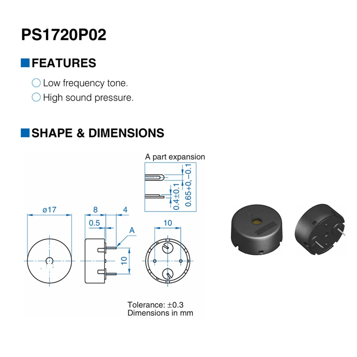 10PCS PS1720P02 2kHz 새로운 오리지널 30Vo-p 3Vo-p 70dBA 스루홀 플러그인 D=17mm 오실레이터 없음 오디오 압전 버저