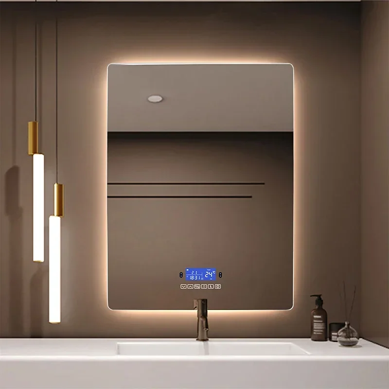 Rectangle Bathroom Mirror Human-body Induction+Bluetooth+3 Color LED+Dimmer+Defogging+Time/Temperature Display Vanity Mirror