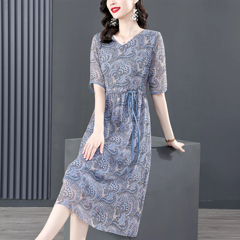 

Summer Fashion 5/4 Sleeve Silk Printed Dress for Women 2023 New Versatile V-neck Loose Fit Holiday Casual Dress Vestidos