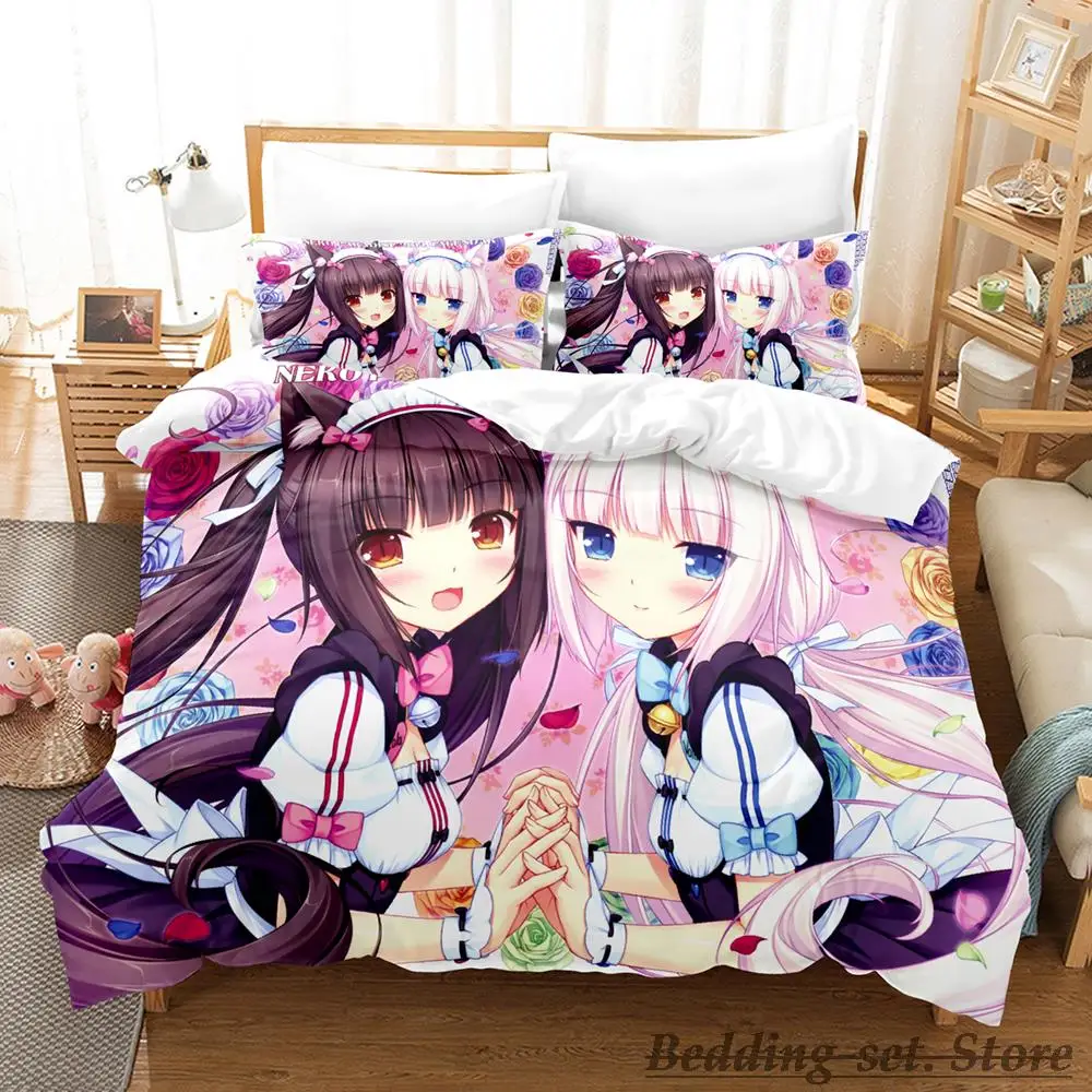 Kawaii Nekopara Bedding Set Single Twin Full Queen King Size Bed Set Aldult Kid Bedroom Duvetcover Sets Anime parure de lit Bed 3
