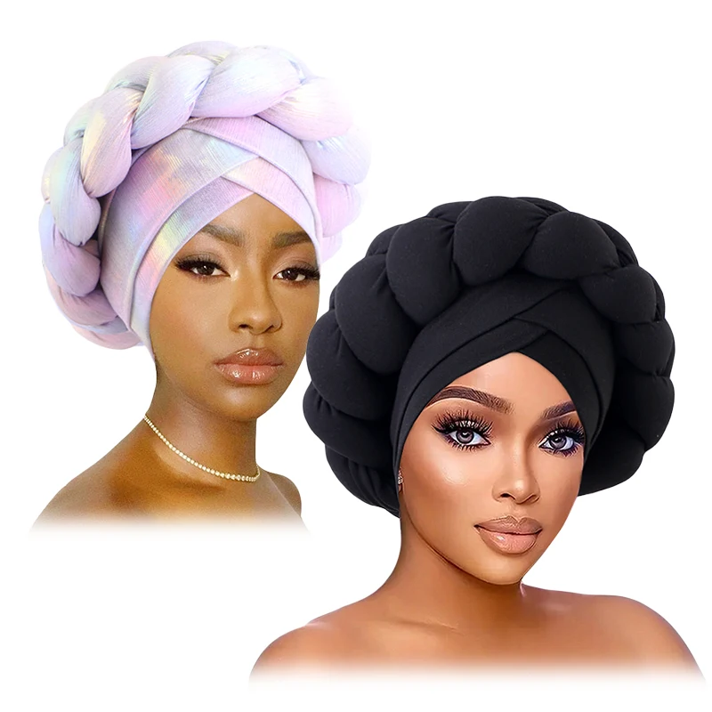 2PCS/LOT Bronzing Forehead Cross Double Braided Turbans Headwear Headdress African Headtie Head Wraps Negerian Wedding Gele Cap