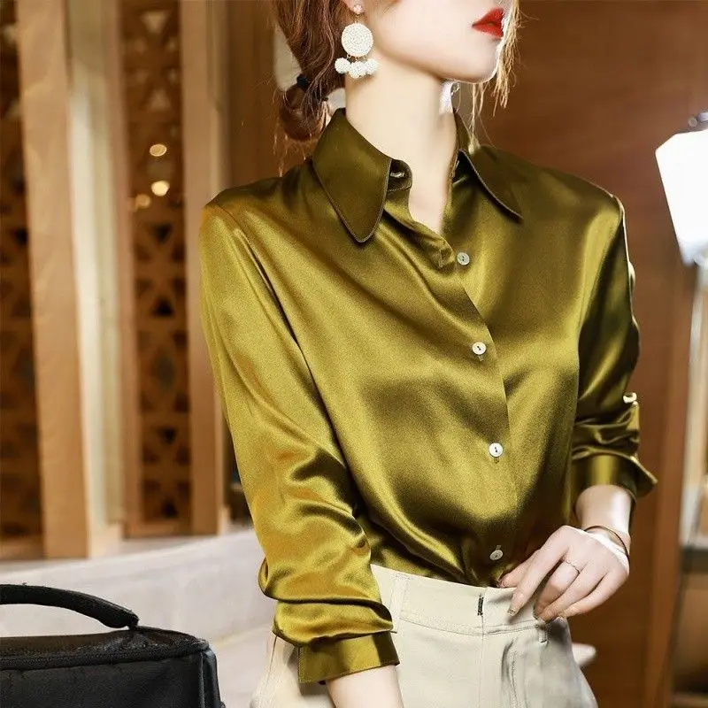 Blouses Women Long-sleeved Shirts Faux Silk Blouse Office Ladies Tops Korean Chic Women Clothing Luxury Brand Shirt Buttons long sleeve stand up collar shirt office ladies chic buttons women blouses solid tops high end luxury designer clothing new