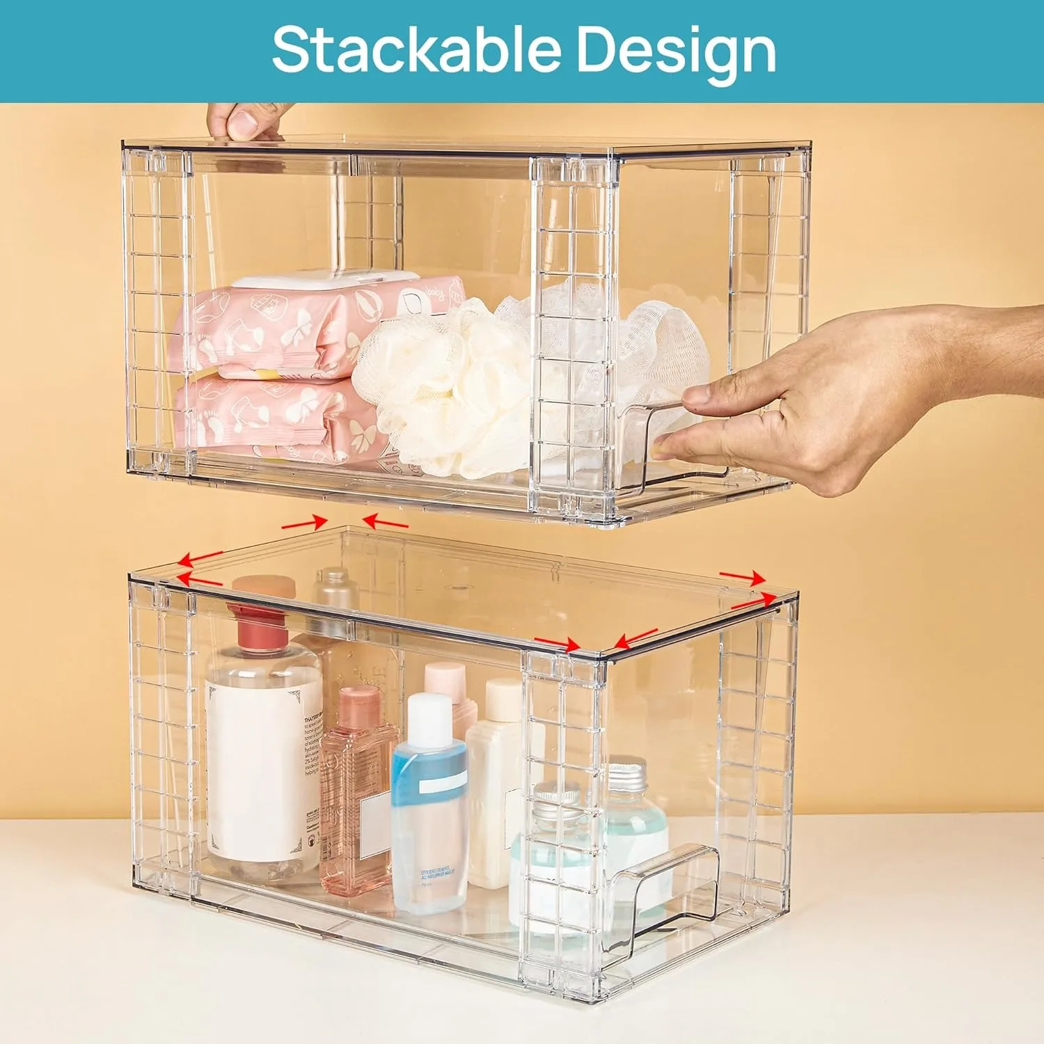 Vtopmart 4 Pack Large Stackable Storage Drawers,Clear Acrylic Drawer Organizers with Handles, Easily Assemble for Bathroom 4