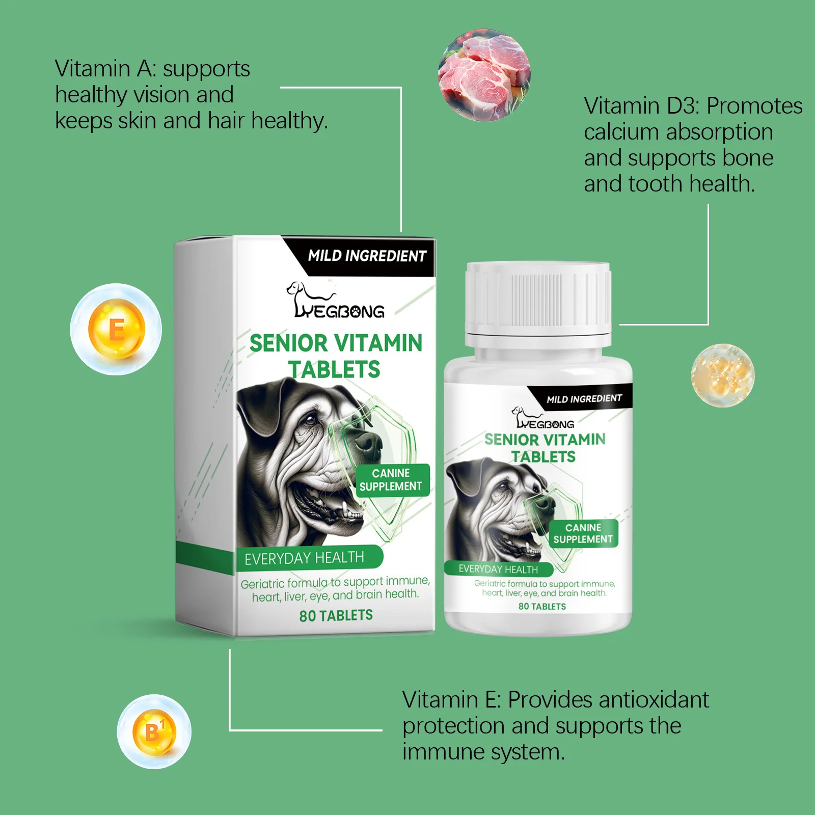 80 Tablets Senior Dog Multivitamins Essential Nutritional Supplement for PET Canine Health and Vitality