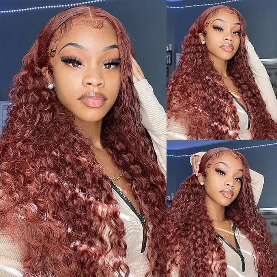 4x4 Closures Wig Reddish Brown Water Wave Lace Front Wig 180% Density Copper Red Curly Human Hair Wigs 13x6 HD Lace Frontal