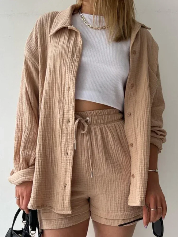 3/4 Sleeves Pleated Shirt and High Waist Shorts Lounge Set main image 1