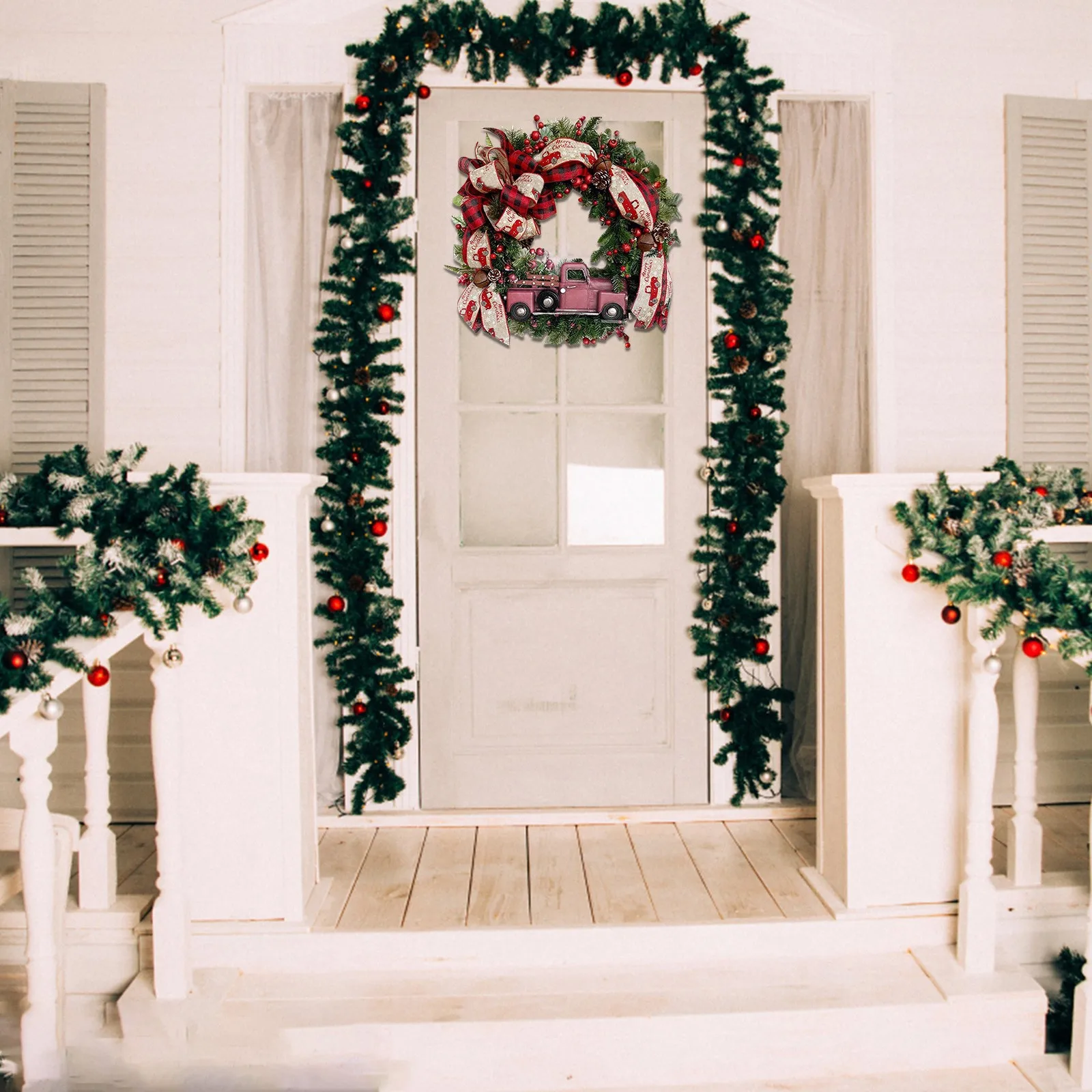 Red Truck Christmas WreathFront Door Of The Garland Decorated With Christmas Decoration Ornaments Printing Holiday Ornaments