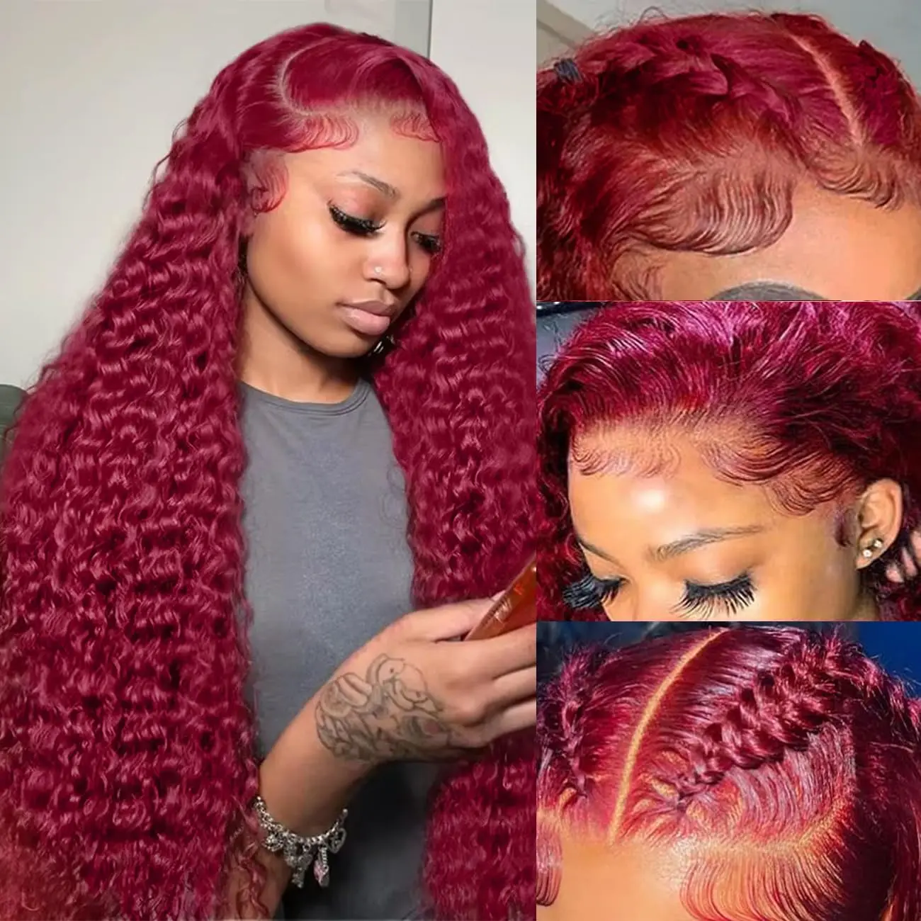 28Inch 99J Burgundy Deep Wave 13x4 HD Lace Frontal Human Hair Wigs Preplucked Red Colored Water Curly Lace Front Wig for Women