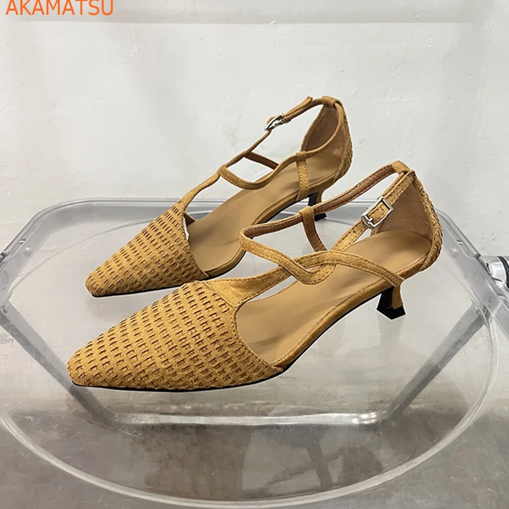 

Pointed Toe Shallow Women Pumps Thin Heels Solid Summer New Arrivals Cover Heel Back Strap Buckle Strap Fashion Women Shoes