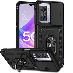 Shockproof Armor Slide Camera Lens Case with Magnet Ring Holder for OPPO A74 4G (Black)