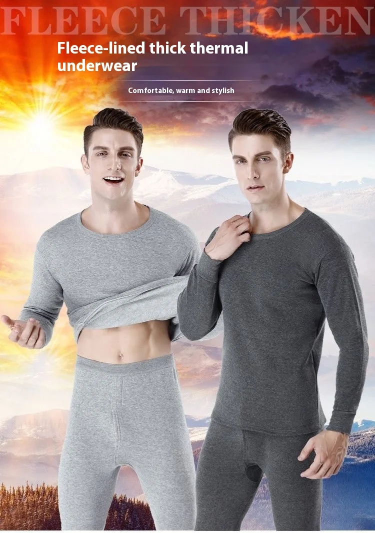 Description Picture 3 of itemMen Padded Thermal Underwear Set of Large Size Bottoming Slimming Autumn Clothes and Trousers Easy to Wash Solid-Colour O-Neck
