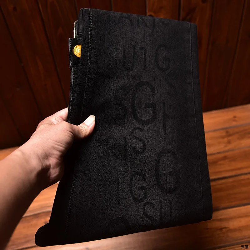 2024new light luxury black jeans men's high-end slim fit skinny stretch casual all-matching fashion printed trousers