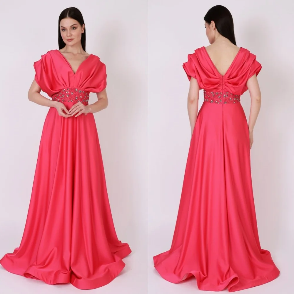 

Saudi Arabia Prom Dress Evening Satin Beading Draped Pleat Clubbing A-line V-Neck Bespoke Occasion Gown Long Dresses