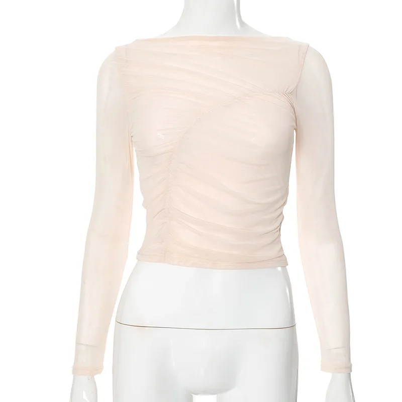 Summer See-Through Mesh T-shirt Top Women Pleated Patchwork See-Through Slim Cropped Top Tee Female Solid T-shirt Pullover