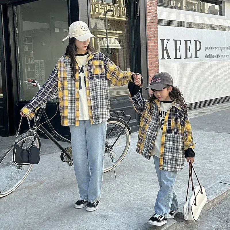 

Mom And Son Matching Shirts Mother And Daughter Matching Blouse 2023 Spring Fashion Children's Plaid Tops Women Girl Boy Clothes