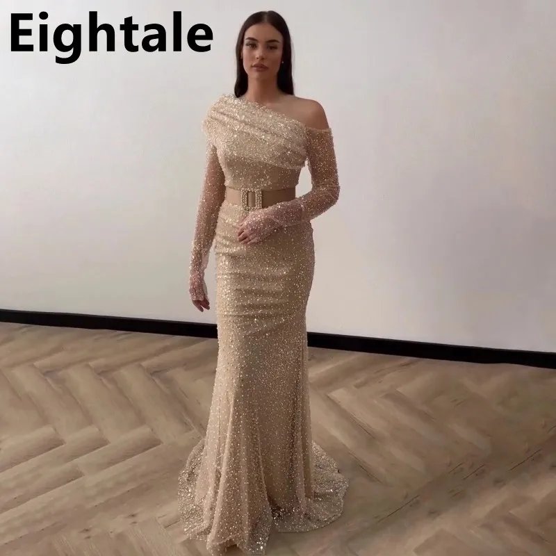 

Eightale 2023 Glitter Champagne Mermaid Evening Dress Sparkle Sequin One Shoulder Long Sleeve Prom Dress Dubai Formal Party Gown