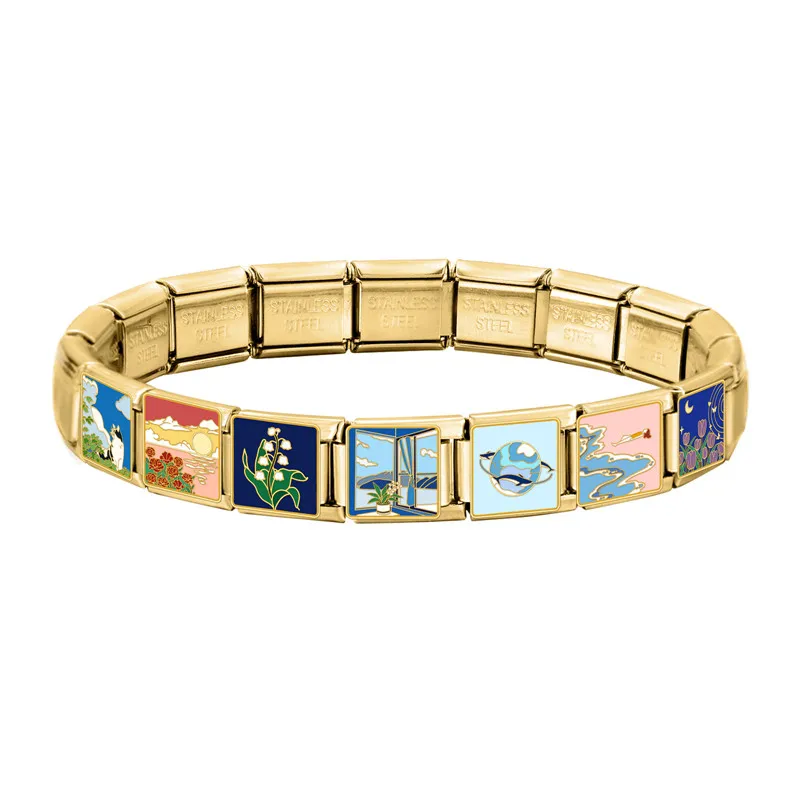 Y2K Bear Cat Blue Sky Rose Flowers Moon Italian Charm Link Fit 9MM Stainless Steel Bracelet Women DIY Making Gifts