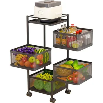 4 Tier Kitchen Storage Basket,270° Rotating Kitchen Storage Rack on Lockable Wheels for Fruits and Vegetables,for Kitchen 3
