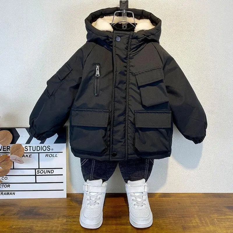 

Boys Girls Down Jacket Outerwear Pocket Thickened Cotton Solid Hooded Jacket 2023 New Winter Warm Baby Children's Coat