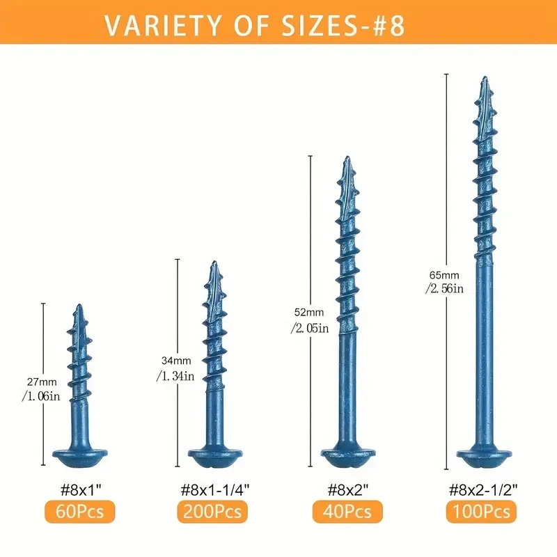 400-piece pocket hole Screw set with drill-4 sizes #8, coarse threaded wood screws for treated wood, blue rust resistant coati