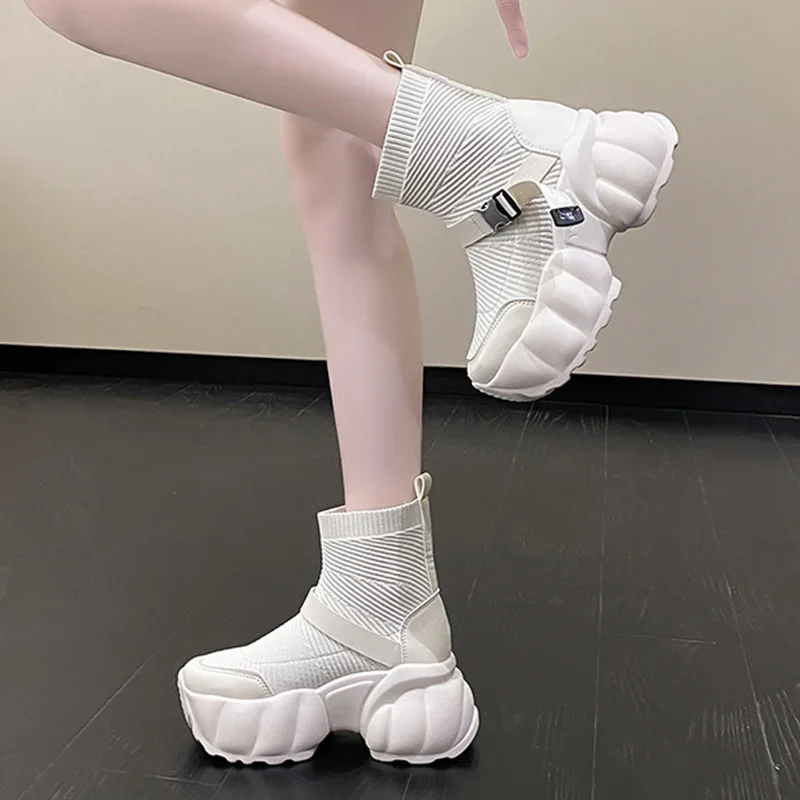 

Knit Chunky Ankle Boots Women Fashion Buckle Platform Short Woman Thick Bottom Socks Sneakers Ladies Size 34-39 Botines Mujer
