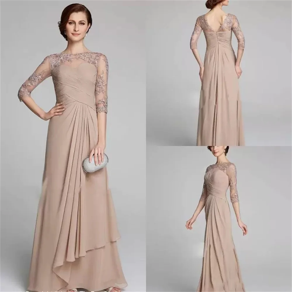 

A-Line Elegant Modest Champagne Sexy Prom Mother of the Bride Dresses Ruched Lace Applique vestidos de noche 2024 فساتين السهرة