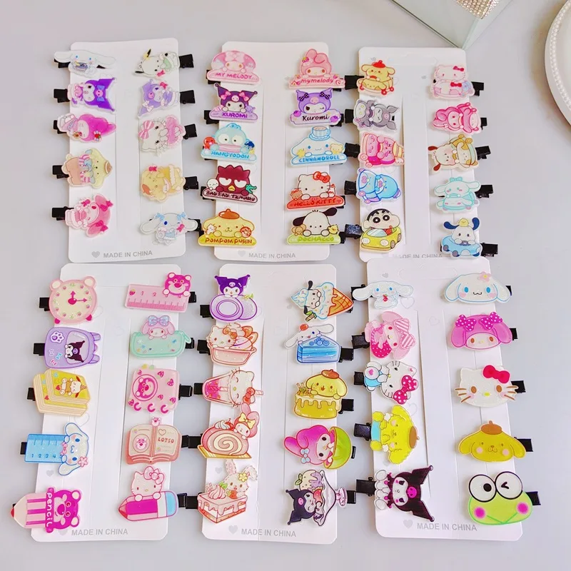 10Pcs Anime Sanrio Hair Accessories Kawaii Hello Kitty Pochacco Cinnamoroll Cartoon Girl Ornaments Children's Hair Clip Gift