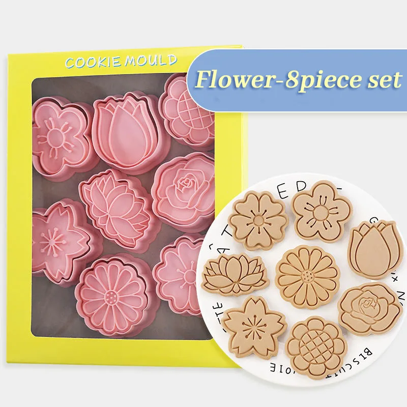 8pcs/set Flower Shape Cookie Cutters 3D Plastic Biscuit Mold Cookie Stamp DIY Fondant Cake Mould Kitchen Baking Pastry Bakeware