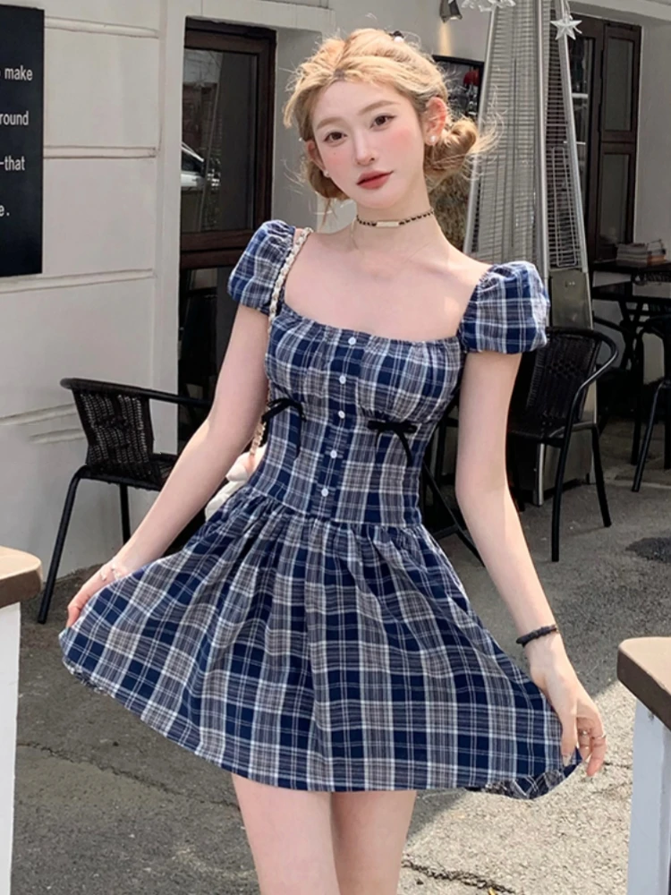 Y2K Plaid Short Dresses for Women Princess Birthday Party Dress Puff Sleeve Square Collar Bow Prom Summer Mini Vestidos Mujer