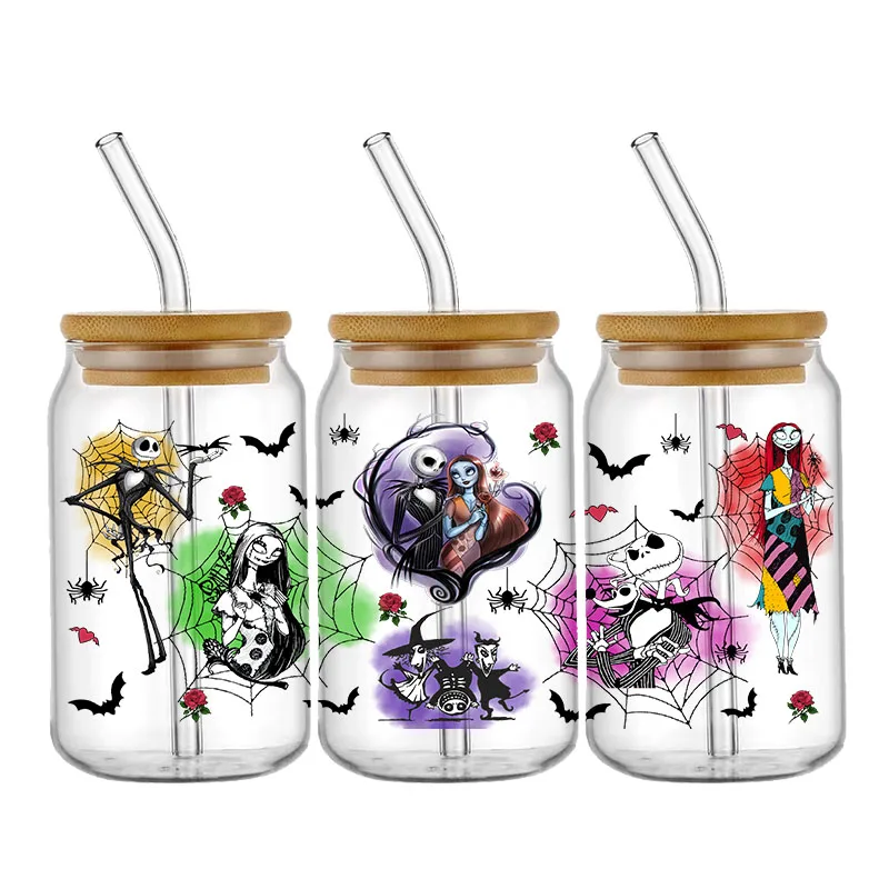 UV DTF 컵 랩 전사 스티커, 유리, 잭, 샐리 마찰에 대한 전사 데칼, 16OZ 유리 컵, 가구 목재 공예