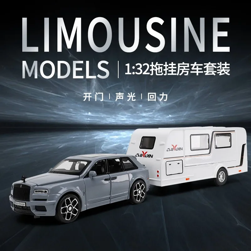 1:32 Rolls Royce Cullinan Trailer Camping Rv Diecast Metal Alloy Model Car Sound Light Pull Back Collection Kids Toy Gifts