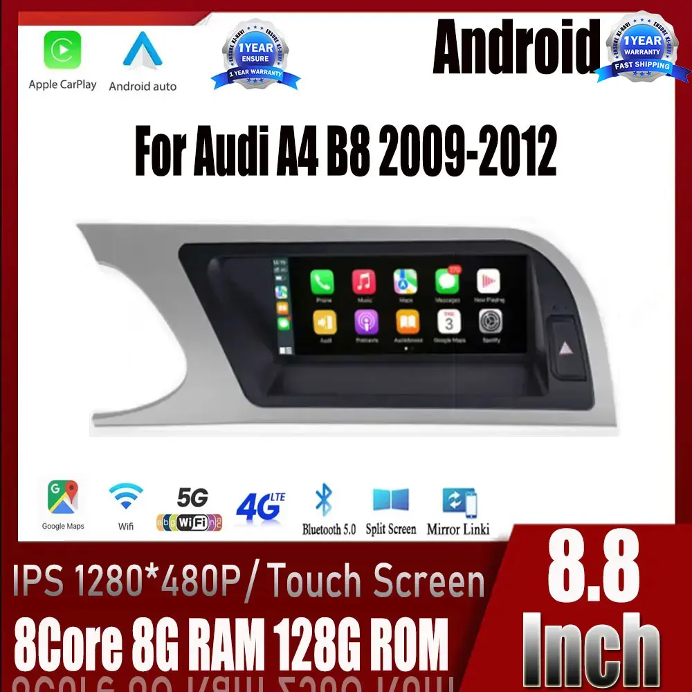 

For Audi A4 B8 2009-2012 Android 14 Car Multimedia 8.8 Inch Auto Monitors Stereo Radio Carplay IPS Touch Screen GPS Navigation