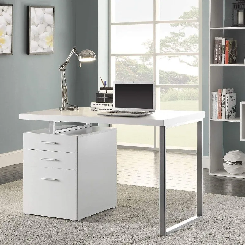 

Furniture Brennan Modern 3 Drawer Home Office Writing Computer Desk Silver Metal Frame White Silver