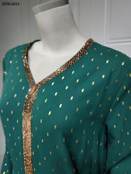 Women s Ramadan Eid Long Sleeve Dress Polka Dot Print Belted Abaya Robe Moroccan Kaftan