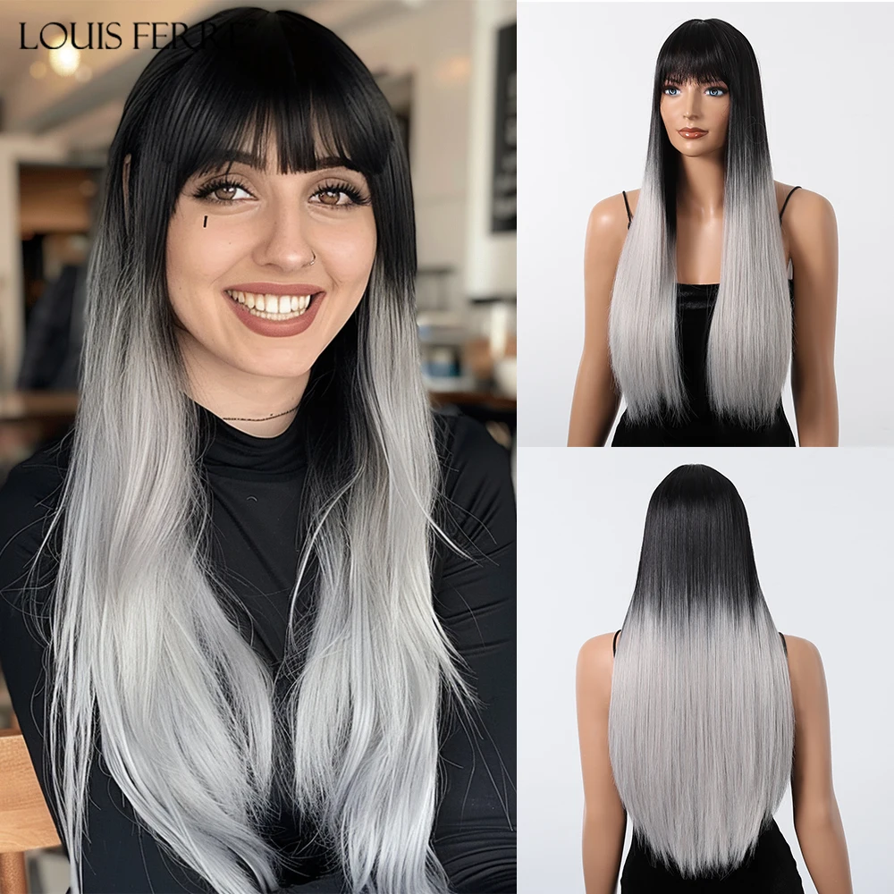 

LOUIS FERRE Long Straight Synthetic Wigs for Women Black Silver Gray Ombre Hair Daily Cosplay Wigs With Bangs Heat Resistant