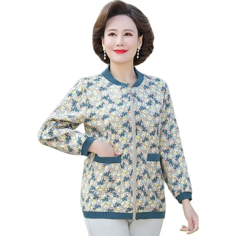 

2023 Jacket Women Spring And Autumn Print Joker New Middle-Aged And Elderly Long-sleeved Short Women's Mother's Jacket Thin Coat