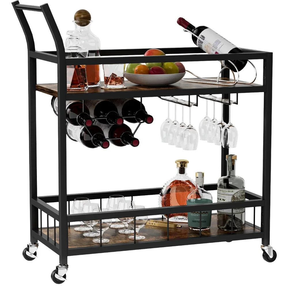 

Bar Cart Home Industrial Mobile Bar Cart Serving Wine Cart on Wheels with Wine Rack and Glass Holder 2 Wood Storage Shelves