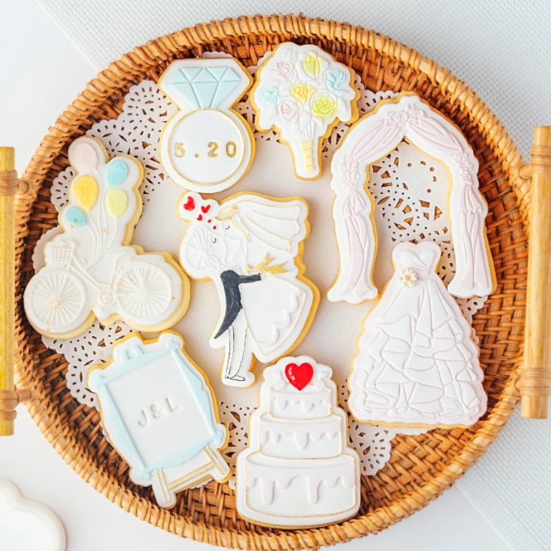 Cookie Press Stamp Happy Wedding Bride Ring Cake Decor Tool 3D Acrylic Fondant Sugar Craft Cutter DIY Baking Biscuit Pastry Mold