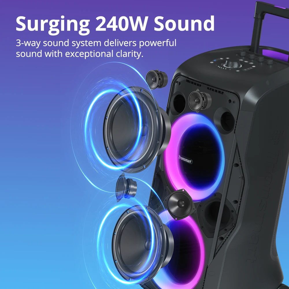 Tronsmart caixa som bluetooth Halo 300 caixa de som com luzes Bluetooth Party Speaker 240W com entrada de guitarra/mic/XLR, TWS, 20H de reprodução, rodas e alavanca oculta, do brasil, Dia dos Namorados