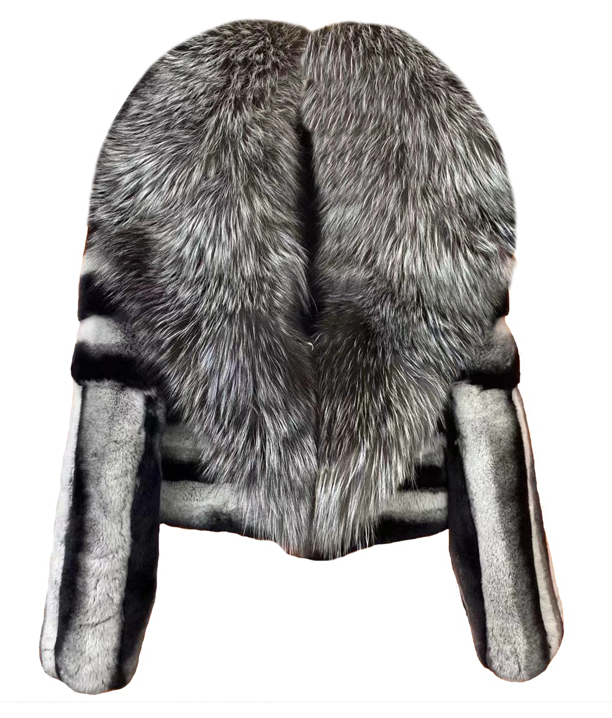 Natural Rex Rabbit Fur Jacket Real Silver Fox Fur Collar
