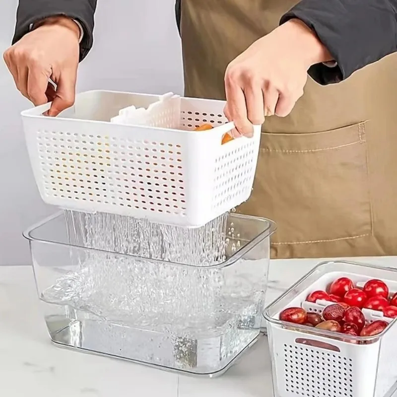 Fridge Storage Box Refrigerator Fresh Vegetable Fruit Boxes Drain Basket Storage  Containers With Lid Kitchen Tools