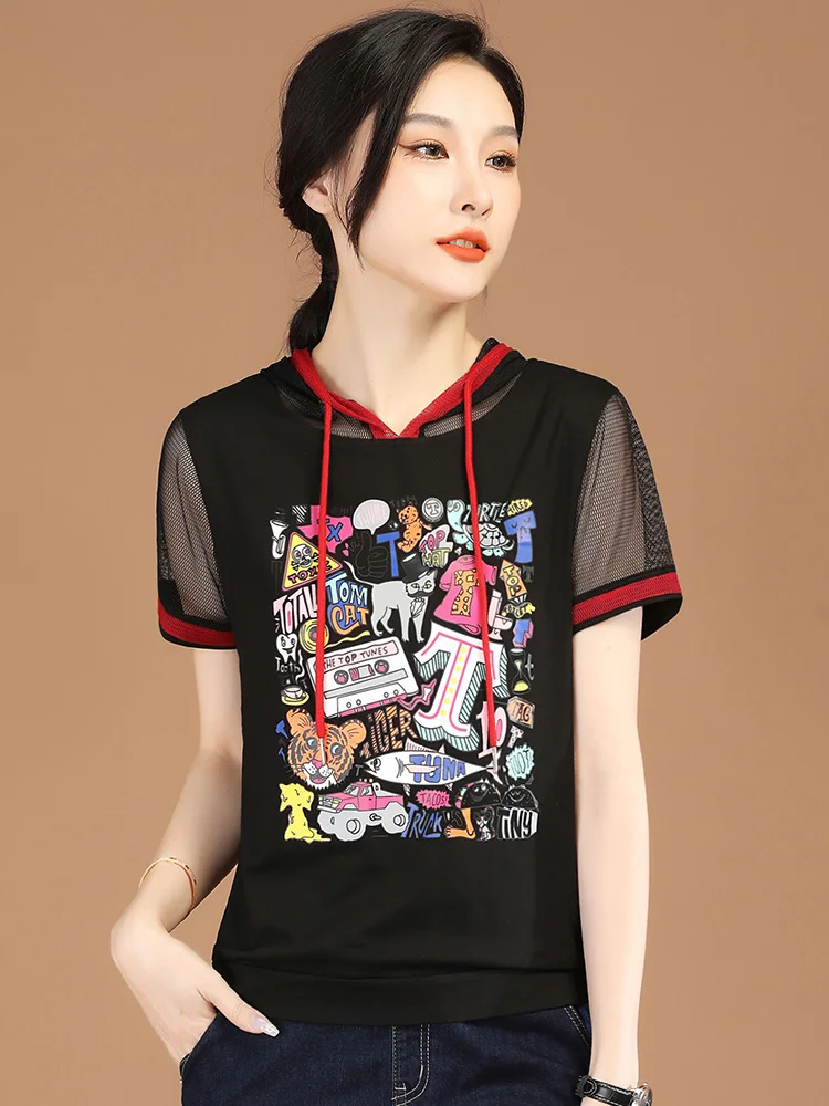 

Женская футболка с коротким рукавом HCXR, летняя футболка с графическим принтом и капюшоном, Классическая уличная одежда, Женский Топ, 2023