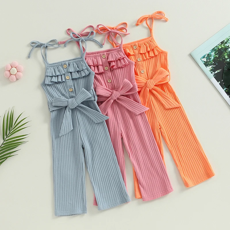 

2023-06-16 Lioraitiin 0-4Years Kids Girls Jumpsuits Buttons Ruffles Sleeveless Solid Rib Knit Rompers Cami Playsuits with Belt