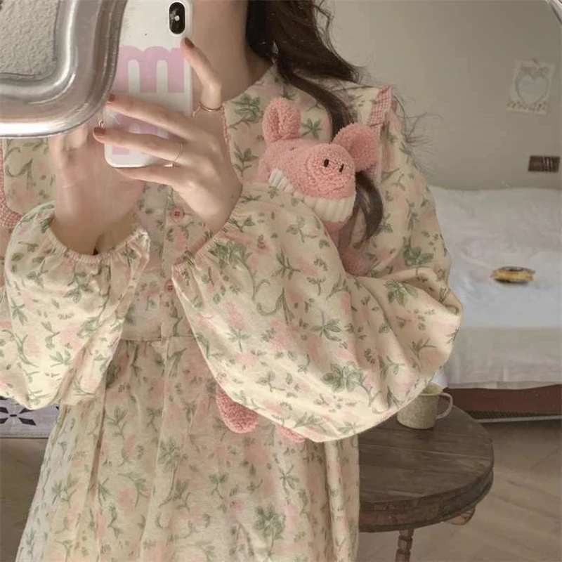 Fashion style pajamas women with good looks new doll collar sweet long-sleeved trousers floral spring autumn home wear set chic