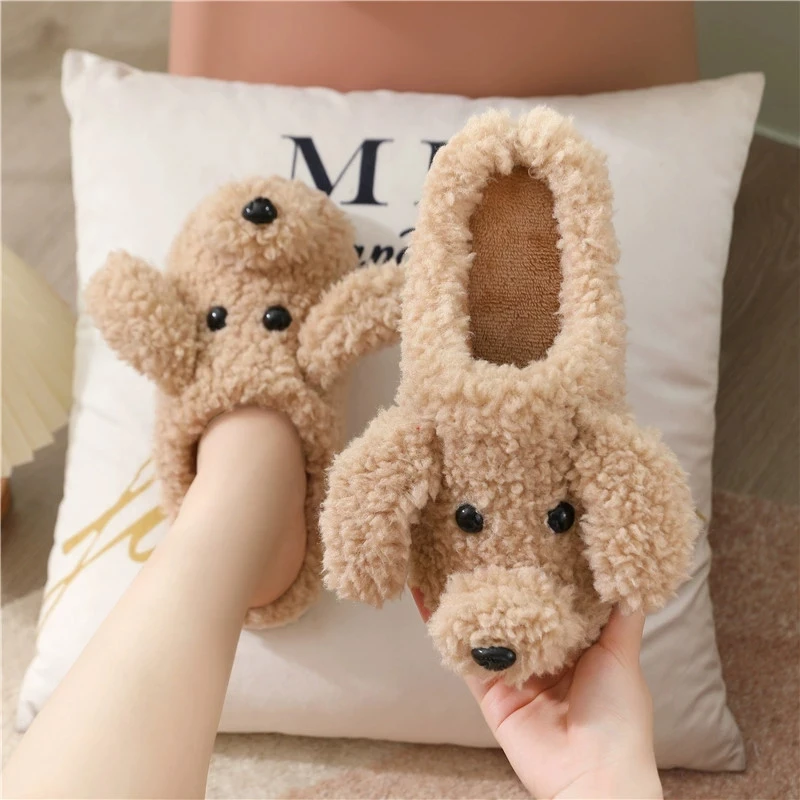 Cute Dog Plush Slippers for Women Winter 2025 Non Slip Furry Cotton Slippers Woman Light Keep Warm Cotton Indoor Shoes Mujer