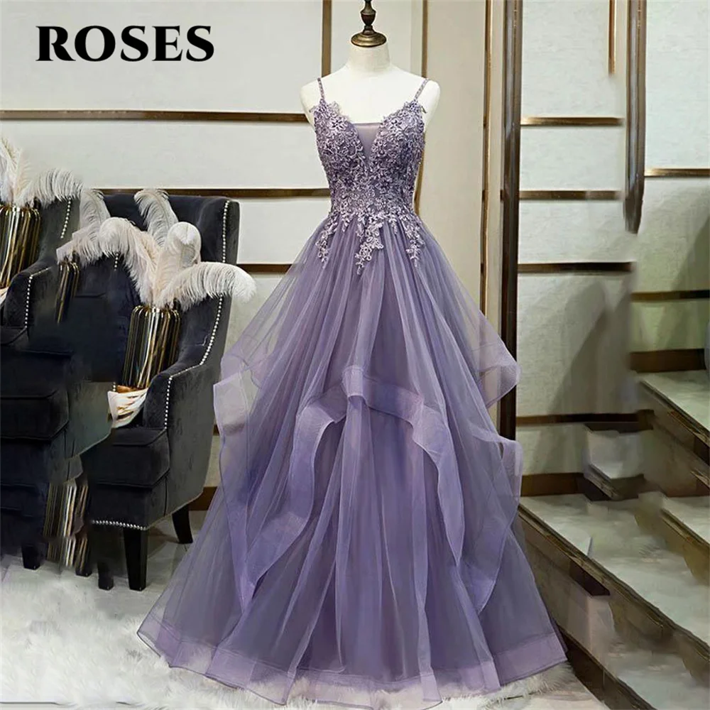 

ROSES Purple Tulle Charming Prom Dress Gown Appliques Tiered Layer Formal Gown Lace Up Back A Line Evening Gown vestido de noche