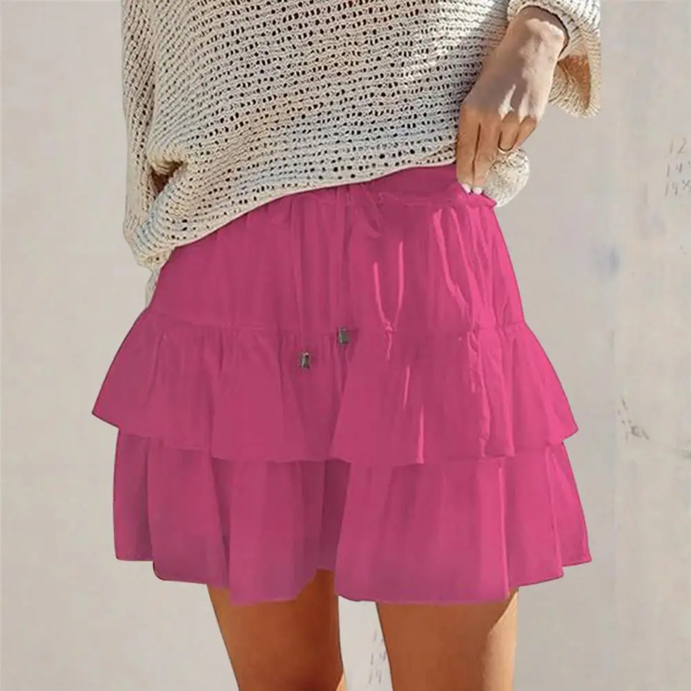Pleated A-Line Skirt Women White Ruffle Sweet Tierred Pretty Style Skirt Elastic Waist Summer Slim Basic Korean Harajuku Dress